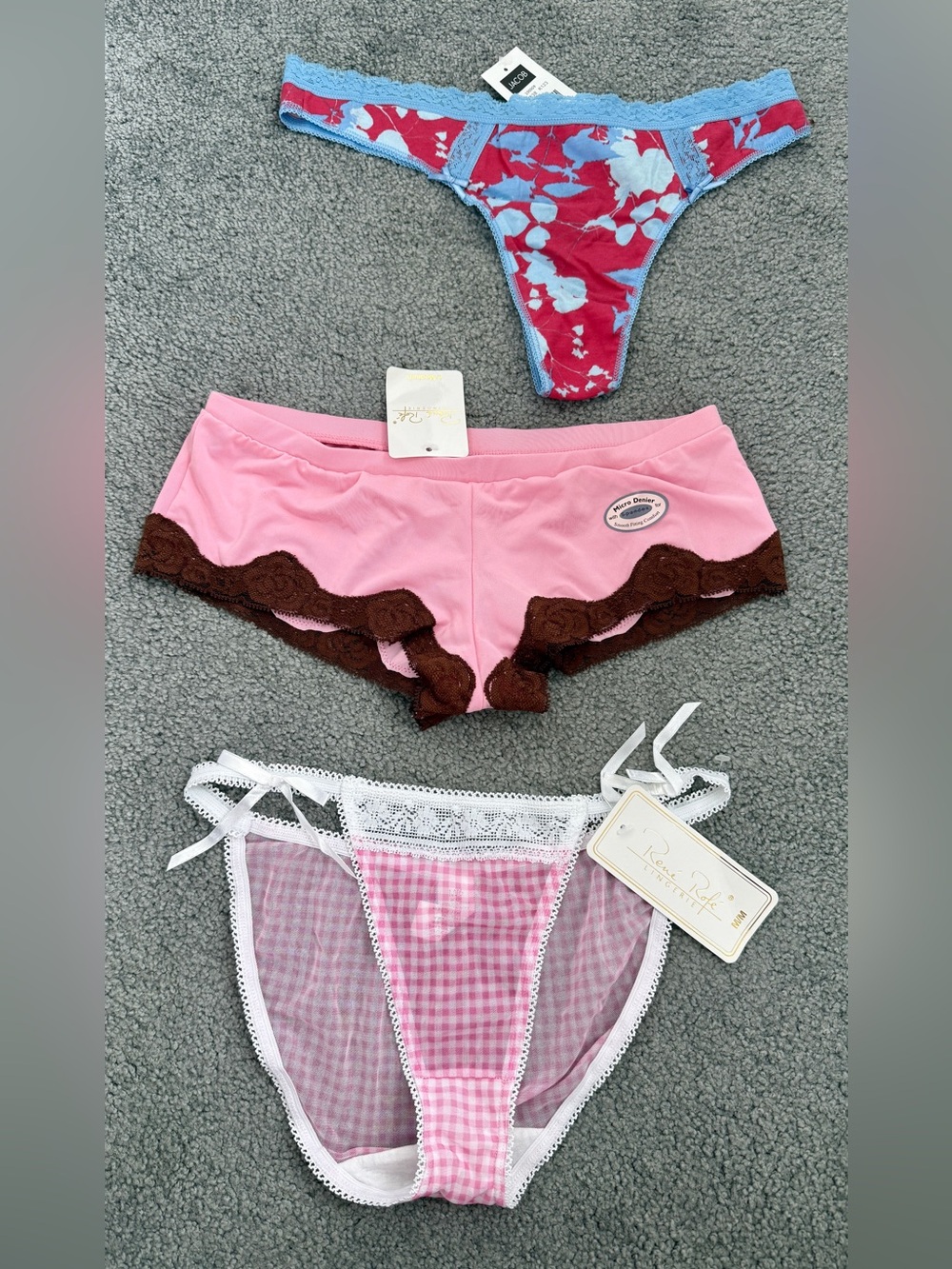 New Rene Rofe Pink Lace-Trim Boyshorts + Gingham panty + blue thong Set 3 med M